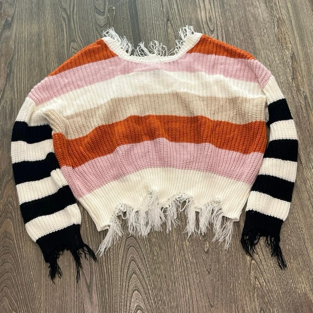Polly & Esther Striped Cropped Sweater Distressed Knit V-Neck Multicolor Size M - Picture 2 of 3
